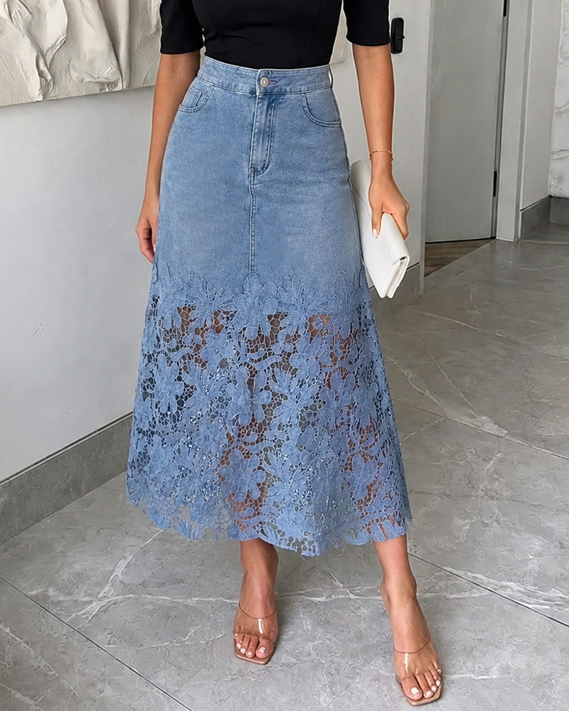 Celeste™ Lace Denim Maxi Skirt ⭐ High Waisted Jean Skirt French-Style