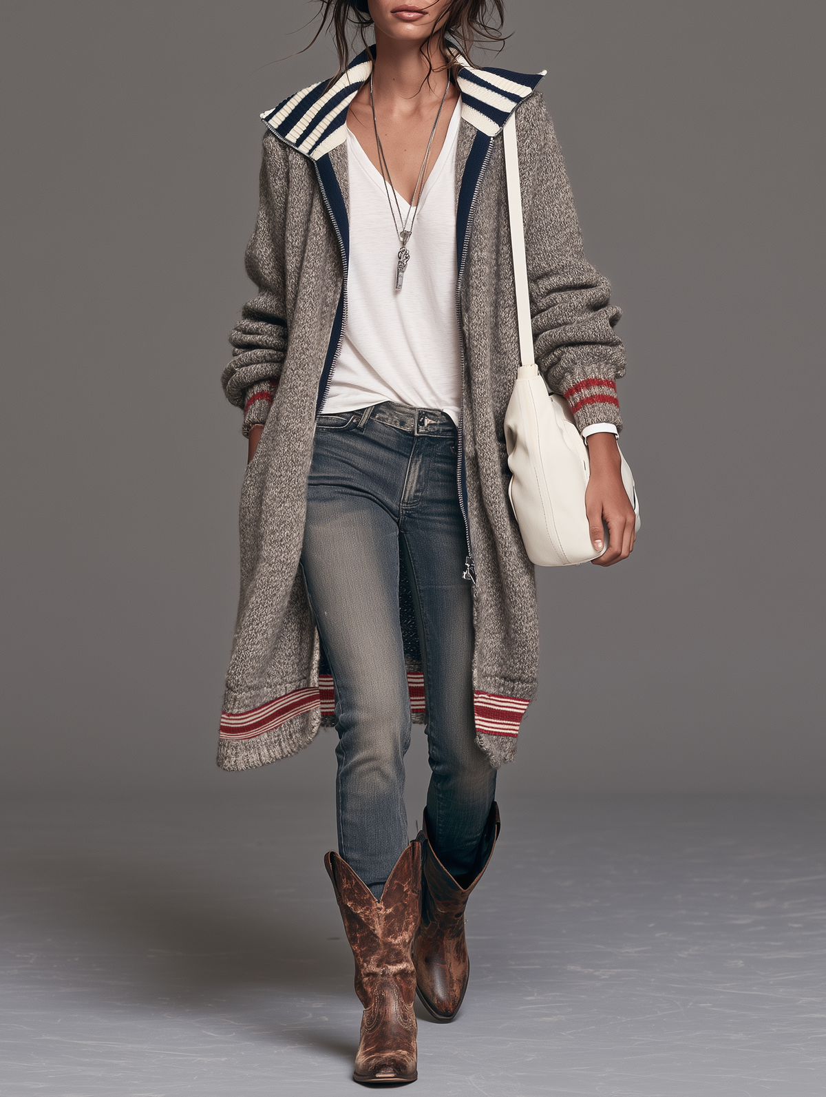 Women's Vintage Color-Block Striped Zip-Up Mid-Length Cardigan