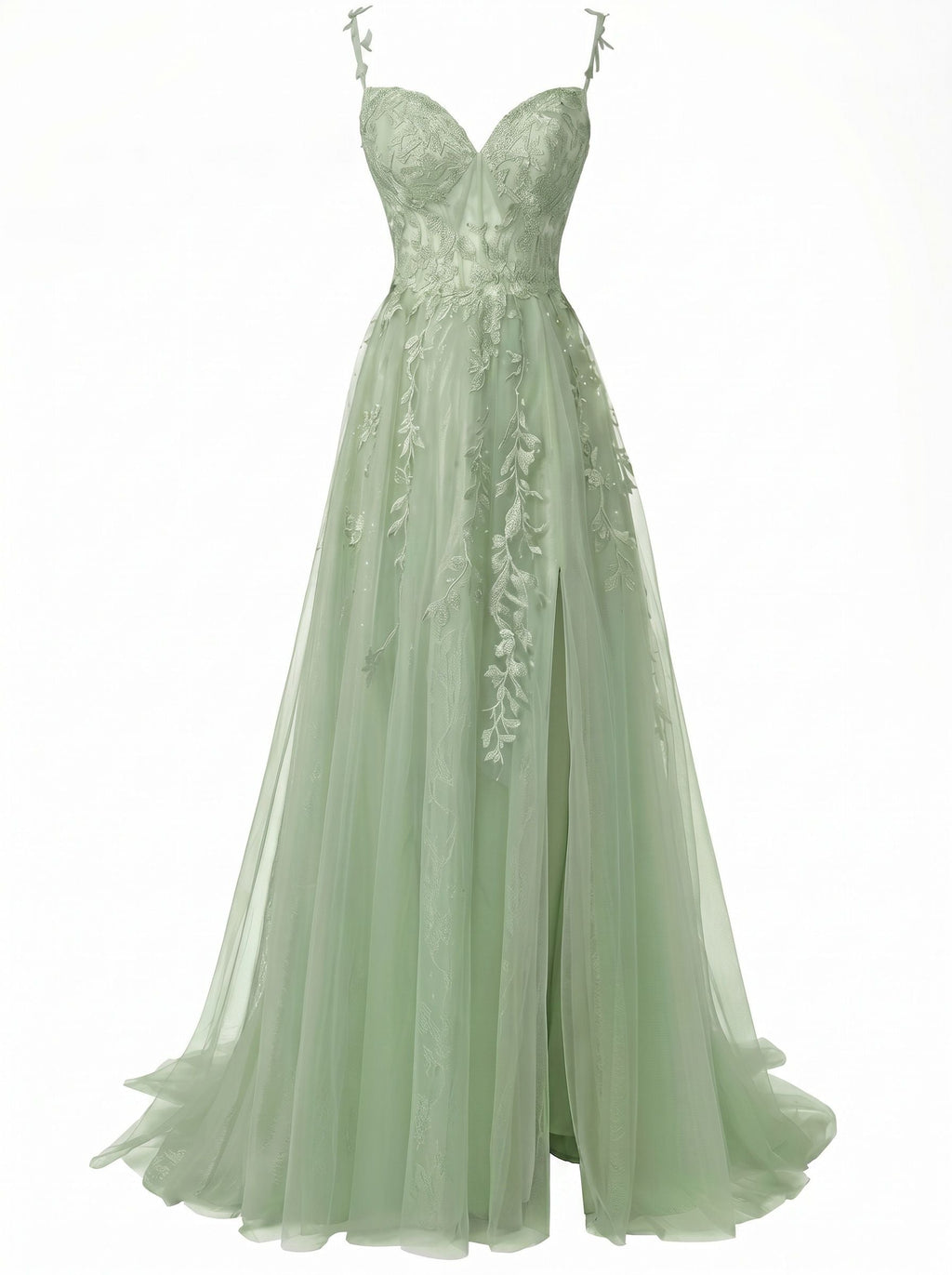 Green 1930s Spaghetti Strap Lace Tulle Maxi Dress