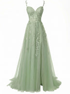 Green 1930s Spaghetti Strap Lace Tulle Maxi Dress