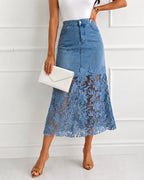 Celeste™ Lace Denim Maxi Skirt ⭐ High Waisted Jean Skirt French-Style