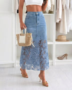 Celeste™ Lace Denim Maxi Skirt ⭐ High Waisted Jean Skirt French-Style