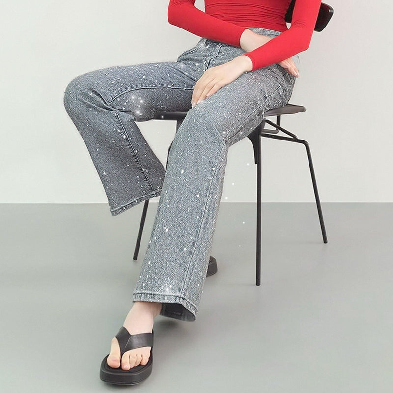 Rhinestone-Embellished Straight-Leg Jeans