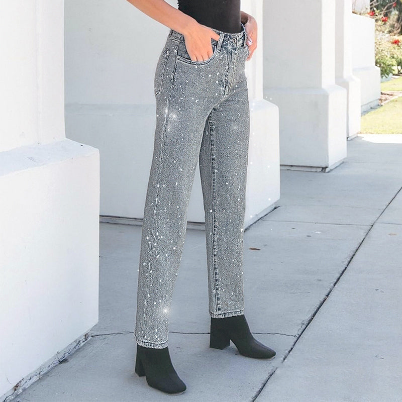 Rhinestone-Embellished Straight-Leg Jeans