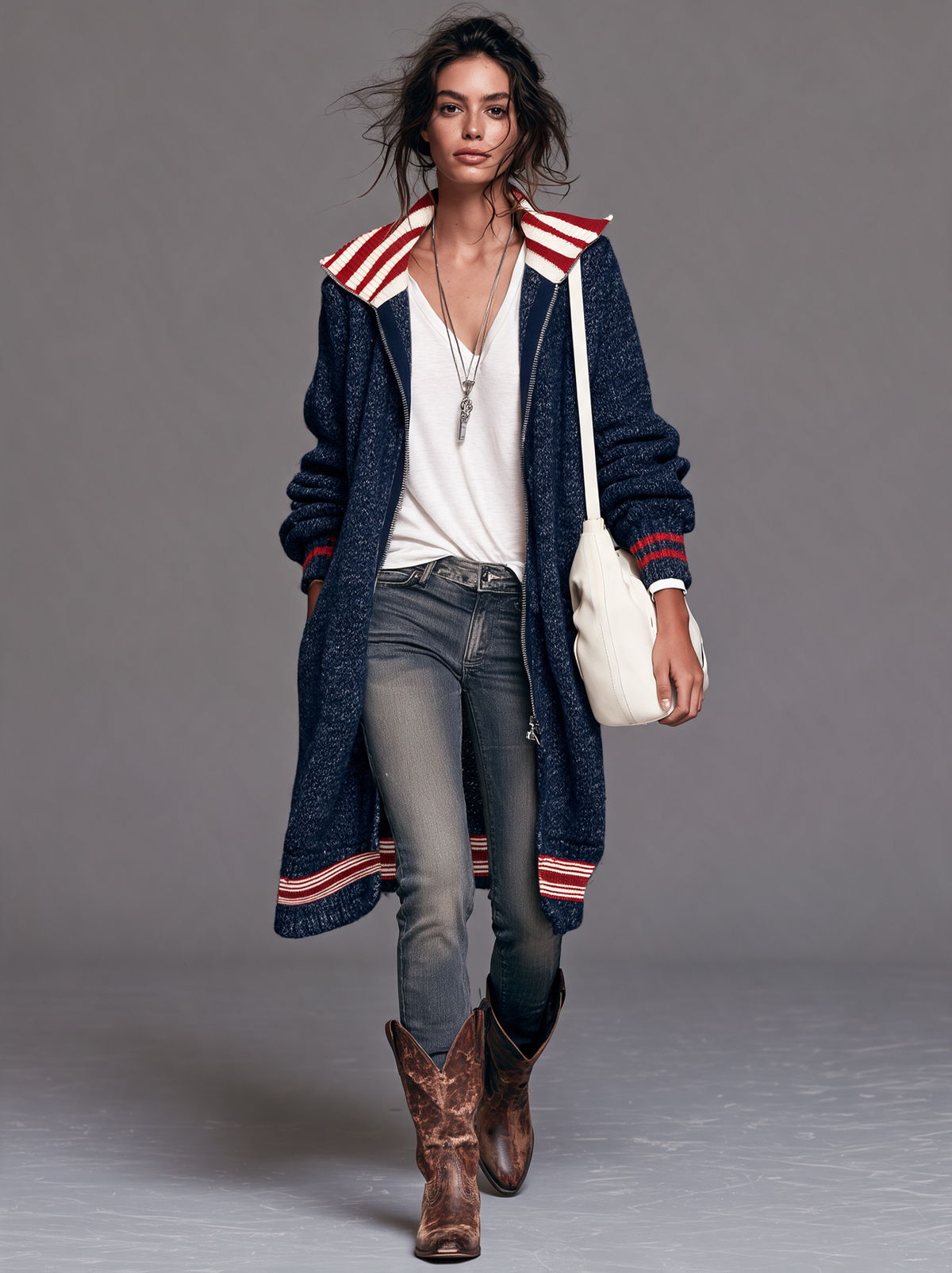 Women's Vintage Color-Block Striped Zip-Up Mid-Length Cardigan