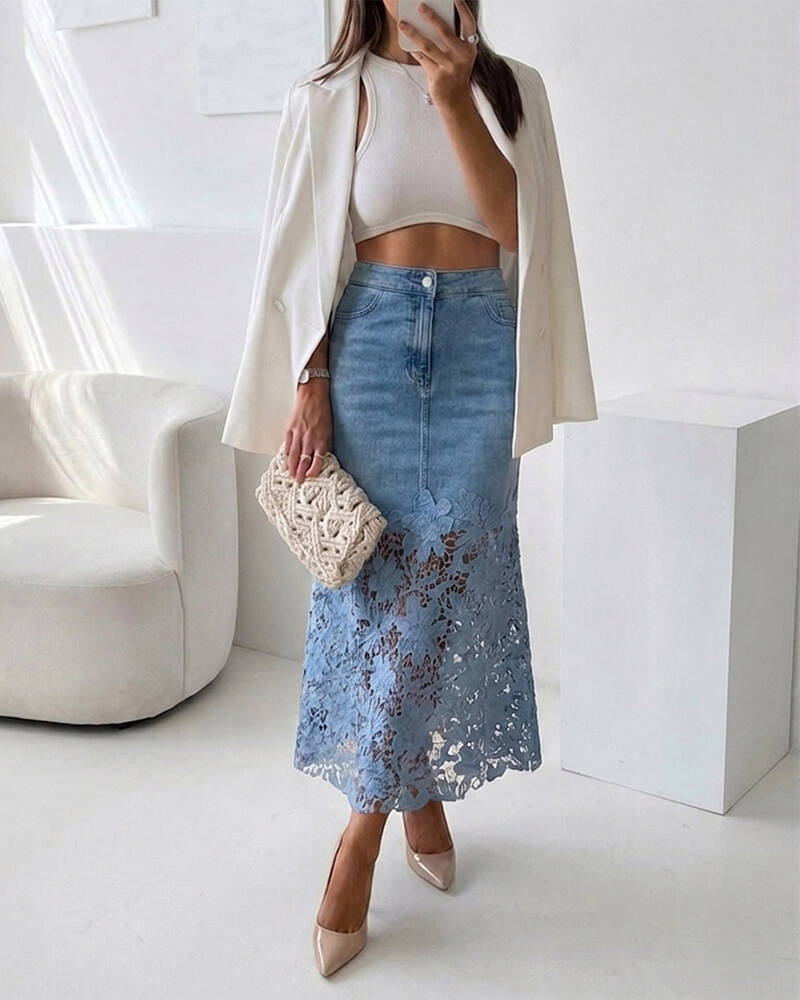 Celeste™ Lace Denim Maxi Skirt ⭐ High Waisted Jean Skirt French-Style