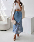 Celeste™ Lace Denim Maxi Skirt ⭐ High Waisted Jean Skirt French-Style
