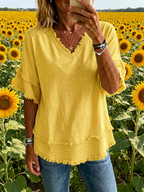 Women's Linen Blend Fringe V-Neck Top