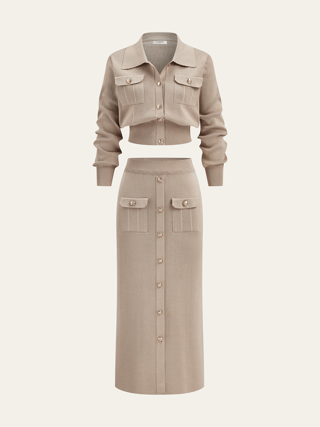 Metal Button Collared Cardigan and Midi Skirt Set
