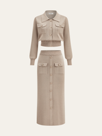 Metal Button Collared Cardigan and Midi Skirt Set