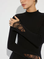 Mock Neck Lace Cuff Knit Top