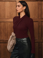 Cross Neck Long Sleeve Knit T-Shirt