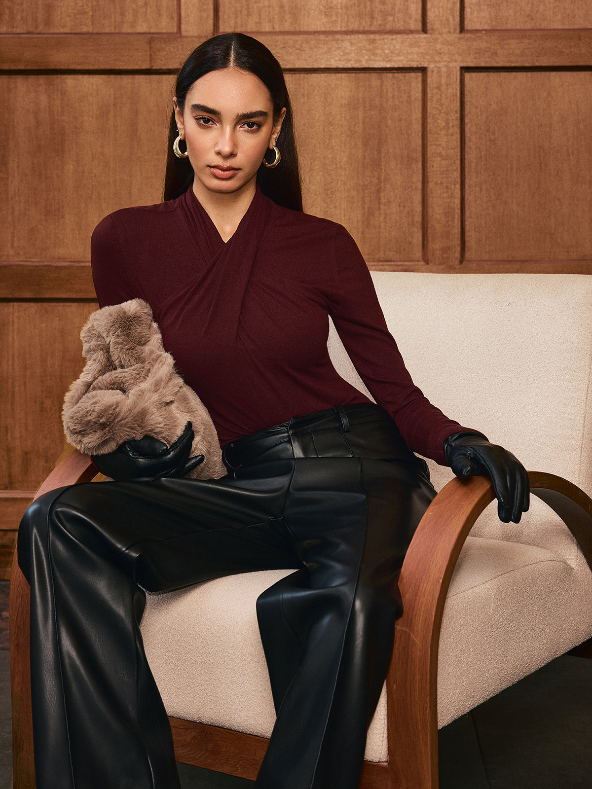 Cross Neck Long Sleeve Knit T-Shirt