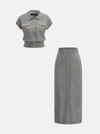 Metal Button Knit Two Piece Skirt Set