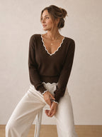 Contrast Scallop Trim Wool Blend Knit Sweater