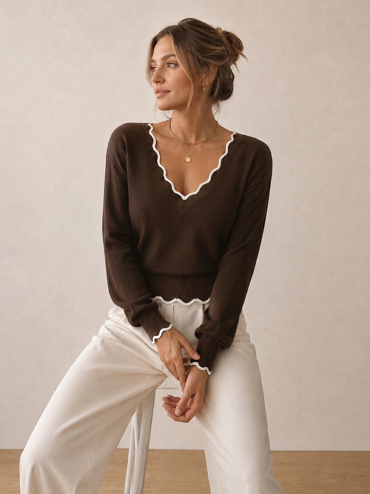 Contrast Scallop Trim Wool Blend Knit Sweater