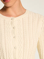 Cable Knit Tie‑Waist Scallop Hem Cardigan