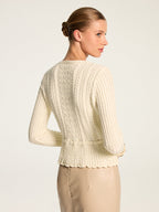 Cable Knit Tie‑Waist Scallop Hem Cardigan