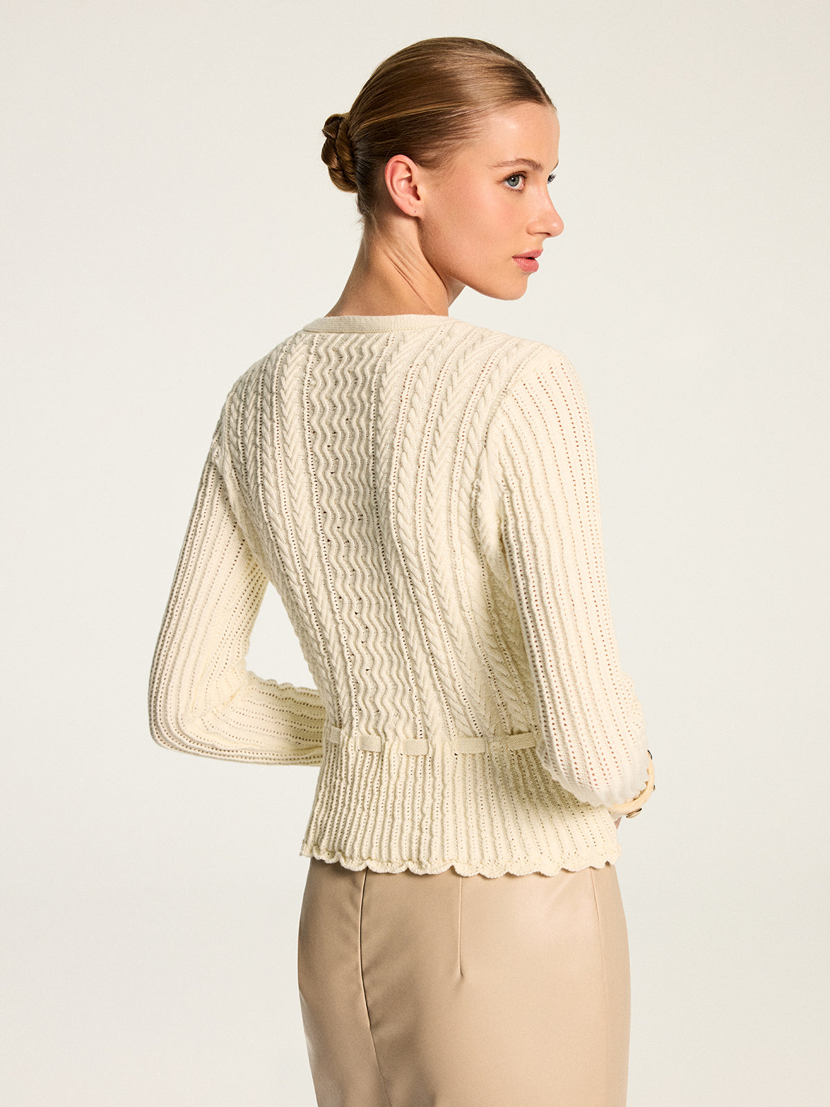 Cable Knit Tie‑Waist Scallop Hem Cardigan