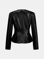 Peplum Faux Leather V Neck Jacket