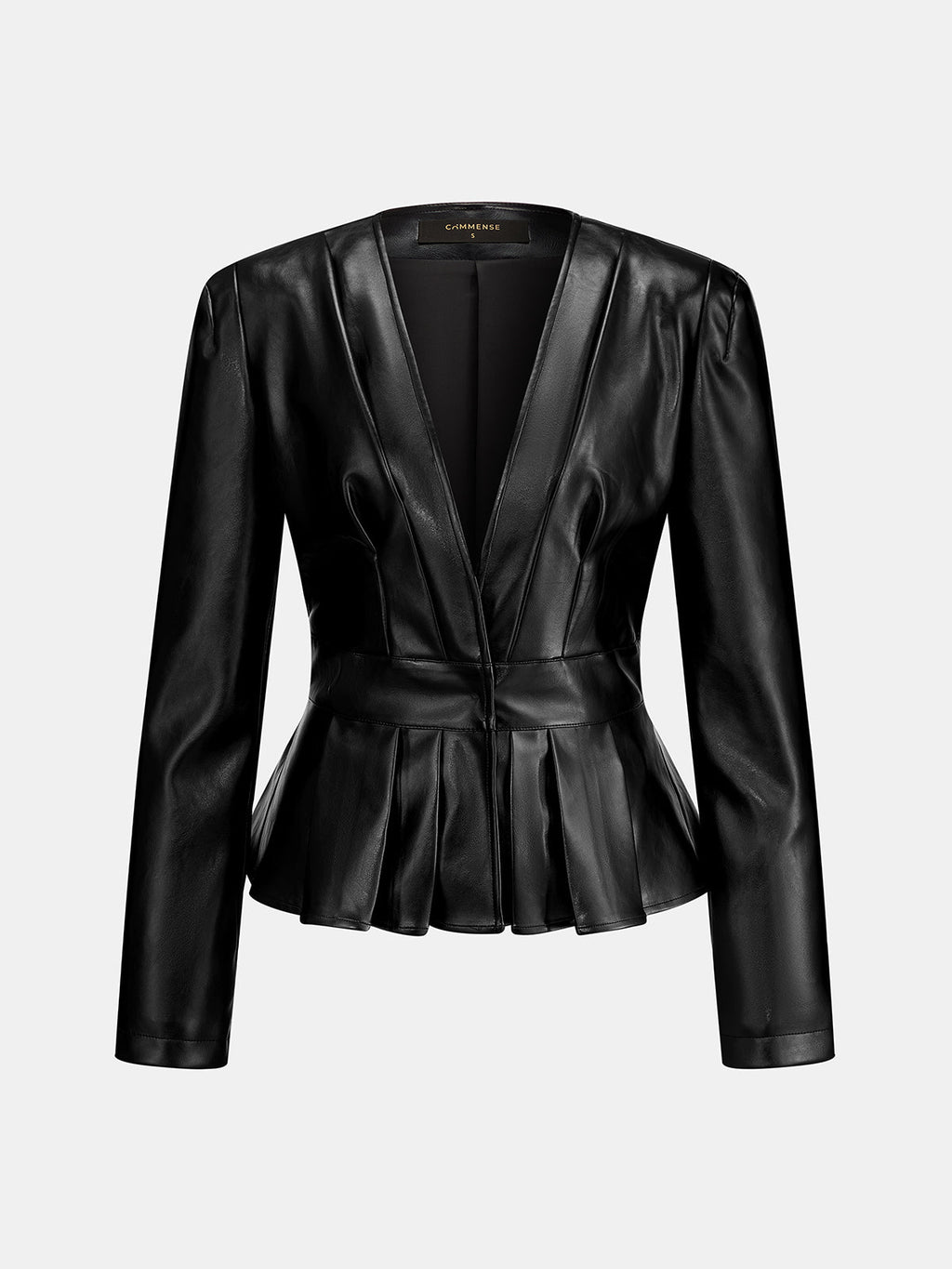 Peplum Faux Leather V Neck Jacket