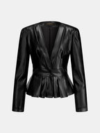 Peplum Faux Leather V Neck Jacket