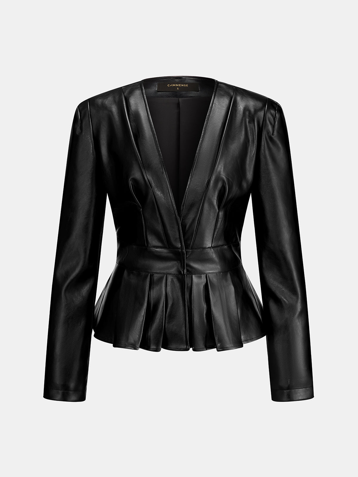 Peplum Faux Leather V Neck Jacket