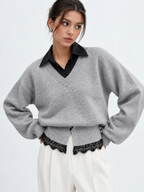 Contrast Collar Lace Hem Sweater
