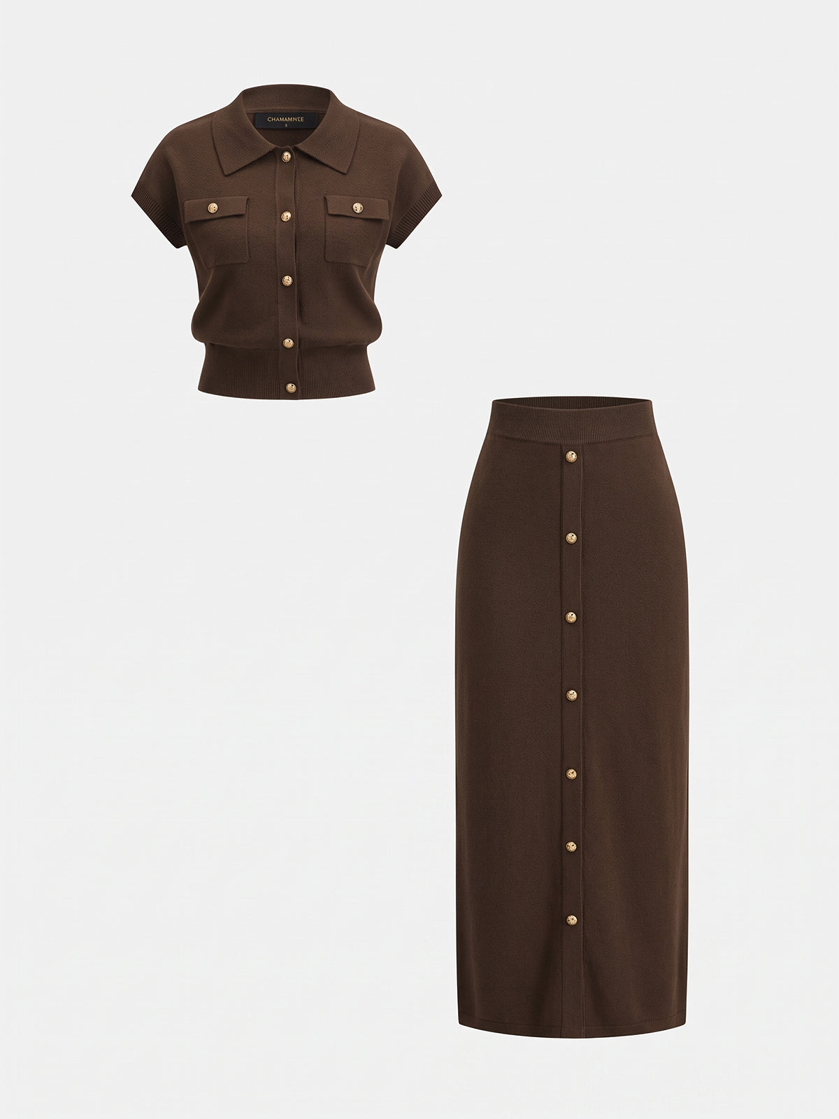 Metal Button Knit Two Piece Skirt Set