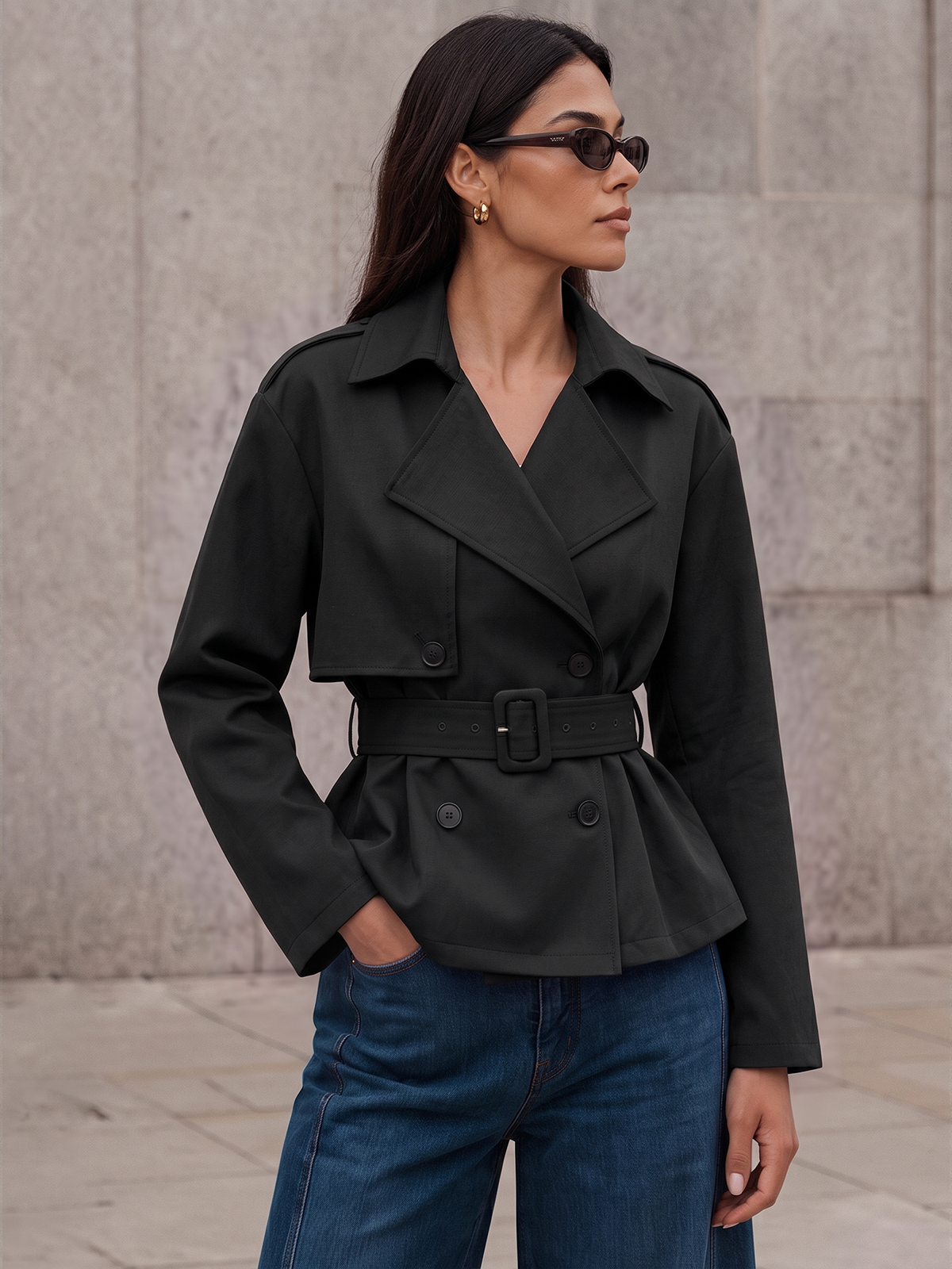 ‌Loose‌ Double‑Breasted Belted Trench Jacket