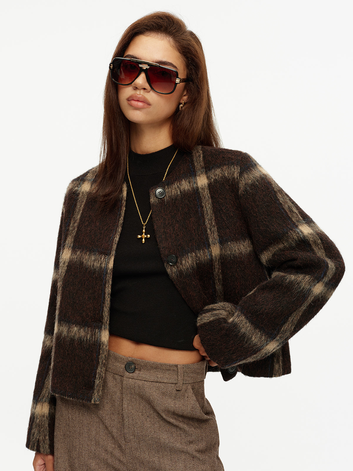 Plaid High Wool Blend Crop Jacket