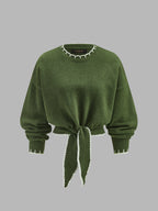 Contrast Trim Tie-Front Cropped Knit Sweater