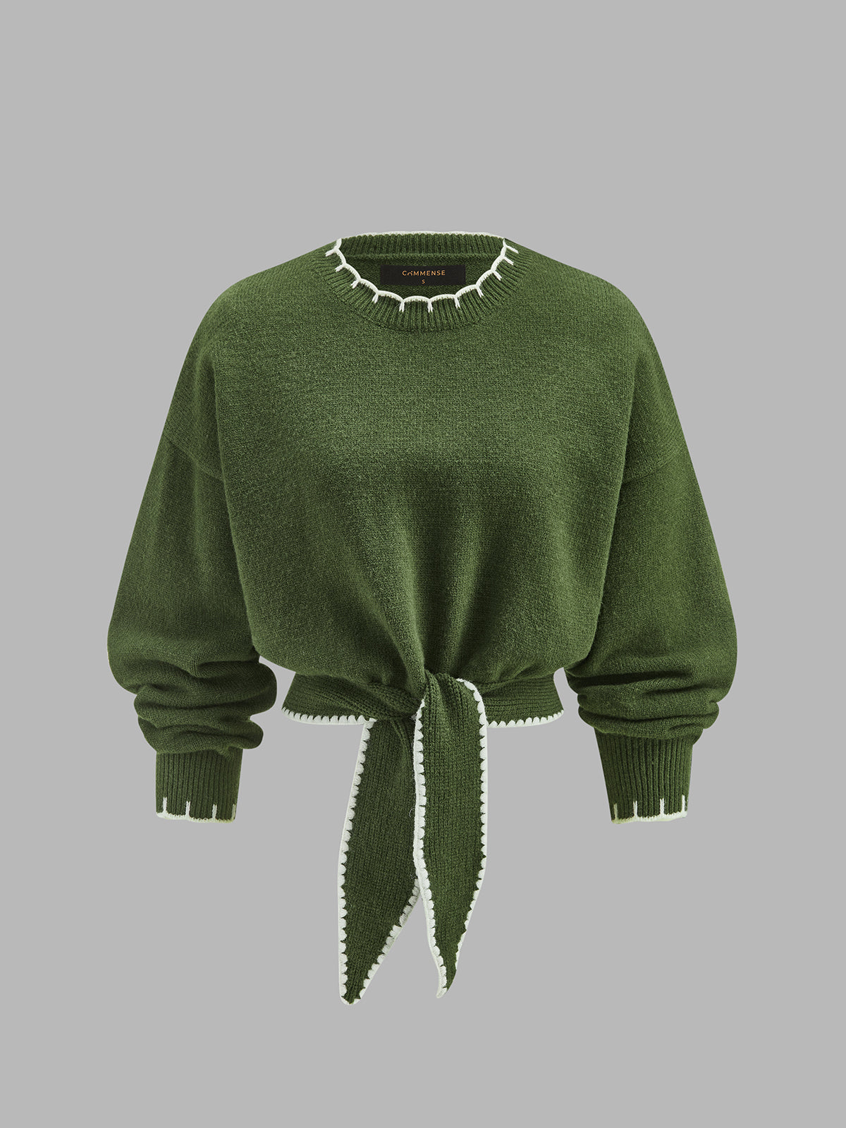 Contrast Trim Tie-Front Cropped Knit Sweater