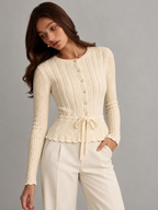 Cable Knit Tie‑Waist Scallop Hem Cardigan