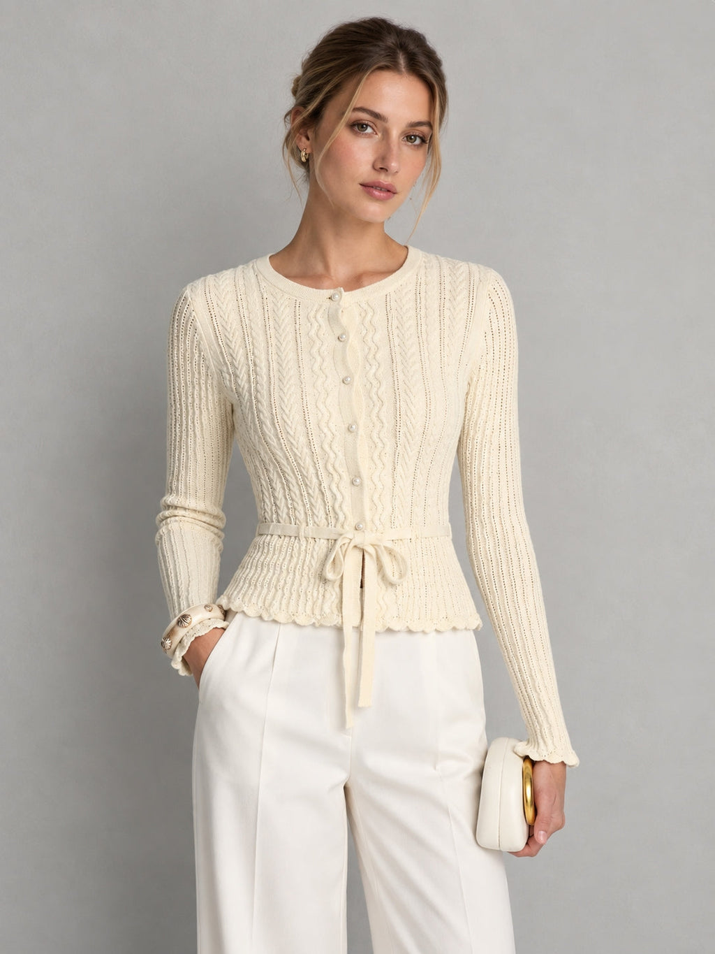 Cable Knit Tie‑Waist Scallop Hem Cardigan