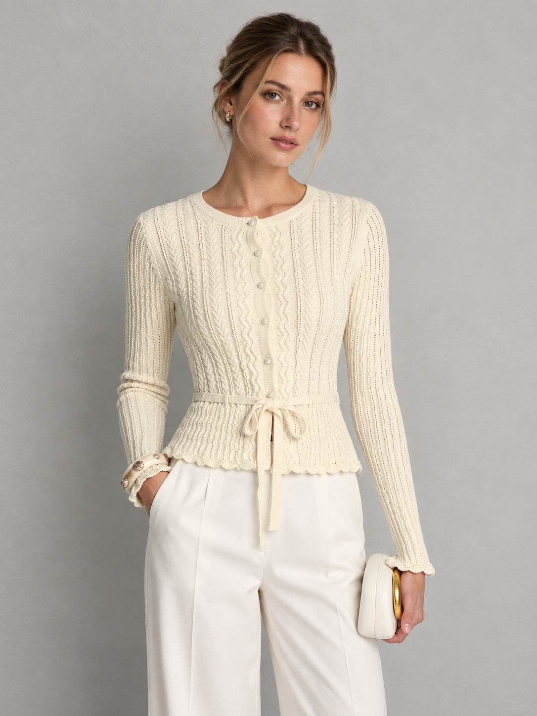 Cable Knit Tie‑Waist Scallop Hem Cardigan