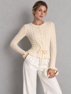 Cable Knit Tie‑Waist Scallop Hem Cardigan