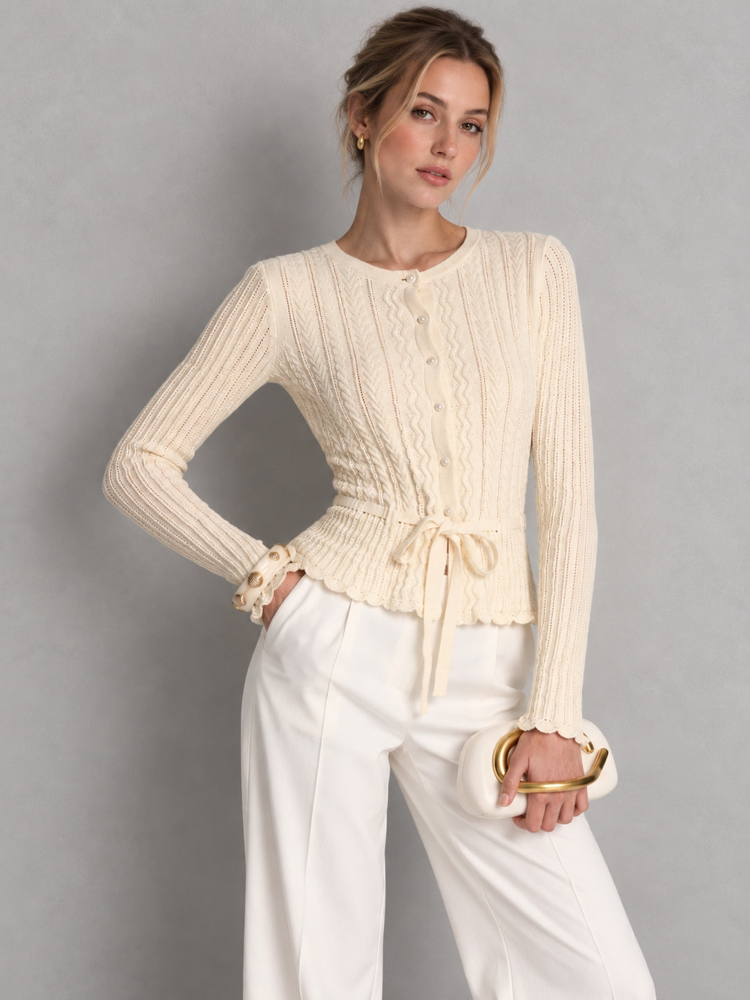 Cable Knit Tie‑Waist Scallop Hem Cardigan