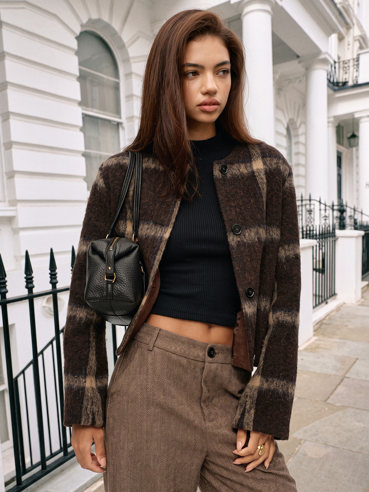Plaid High Wool Blend Crop Jacket