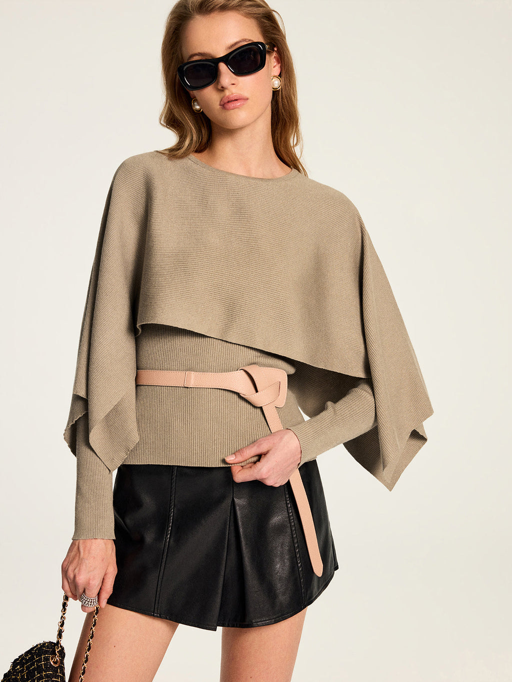 Knit Cape & Wool Blend Rib Top Two‑Piece Set