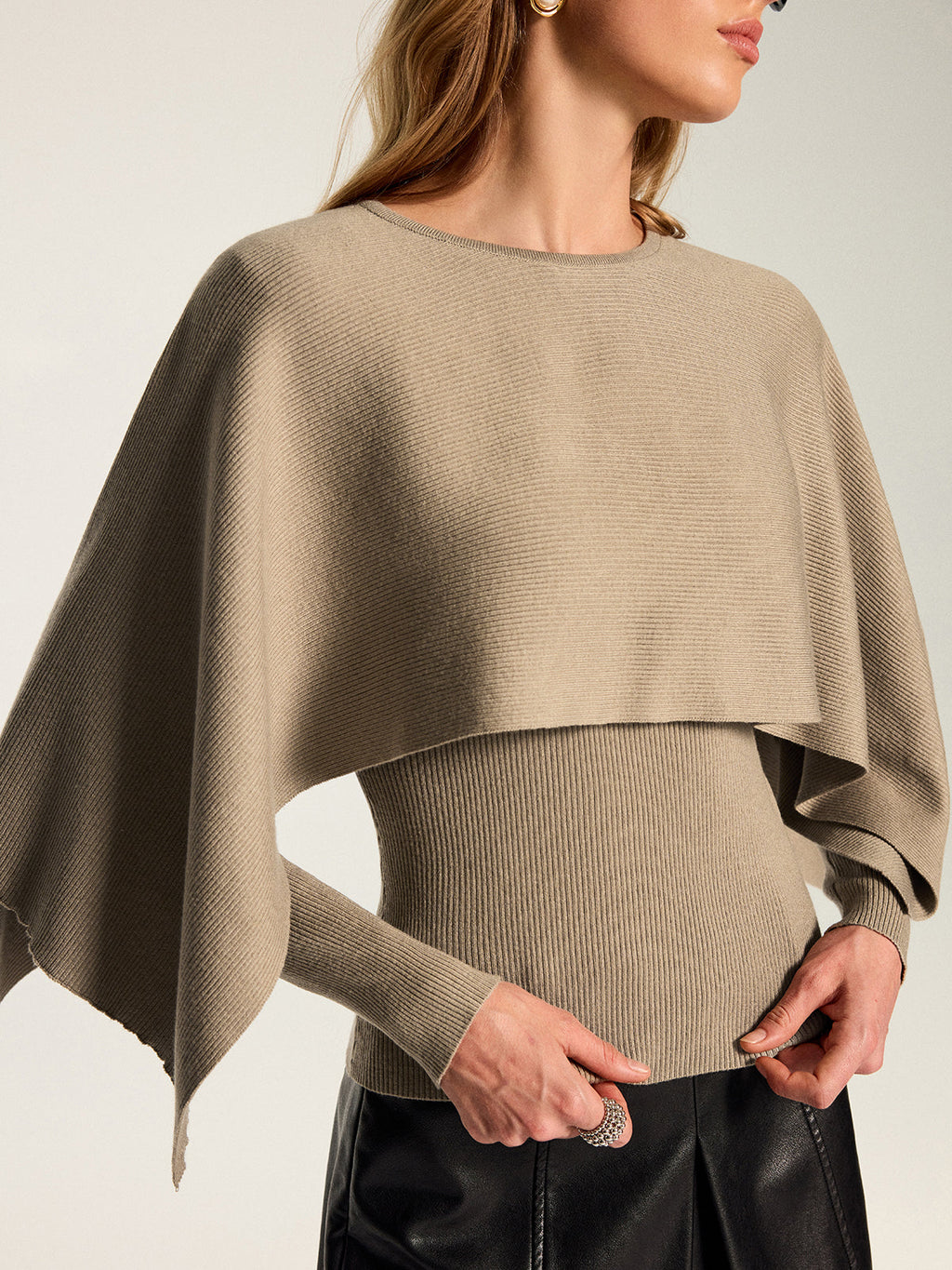 Knit Cape & Wool Blend Rib Top Two‑Piece Set