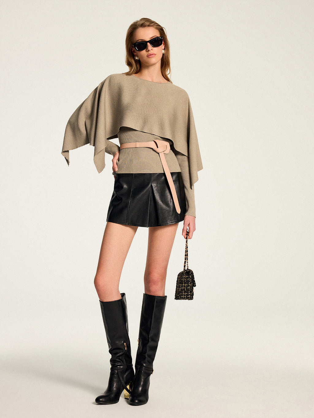 Knit Cape & Wool Blend Rib Top Two‑Piece Set
