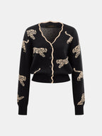 Leopard Jacquard V Neck Knit Cardigan