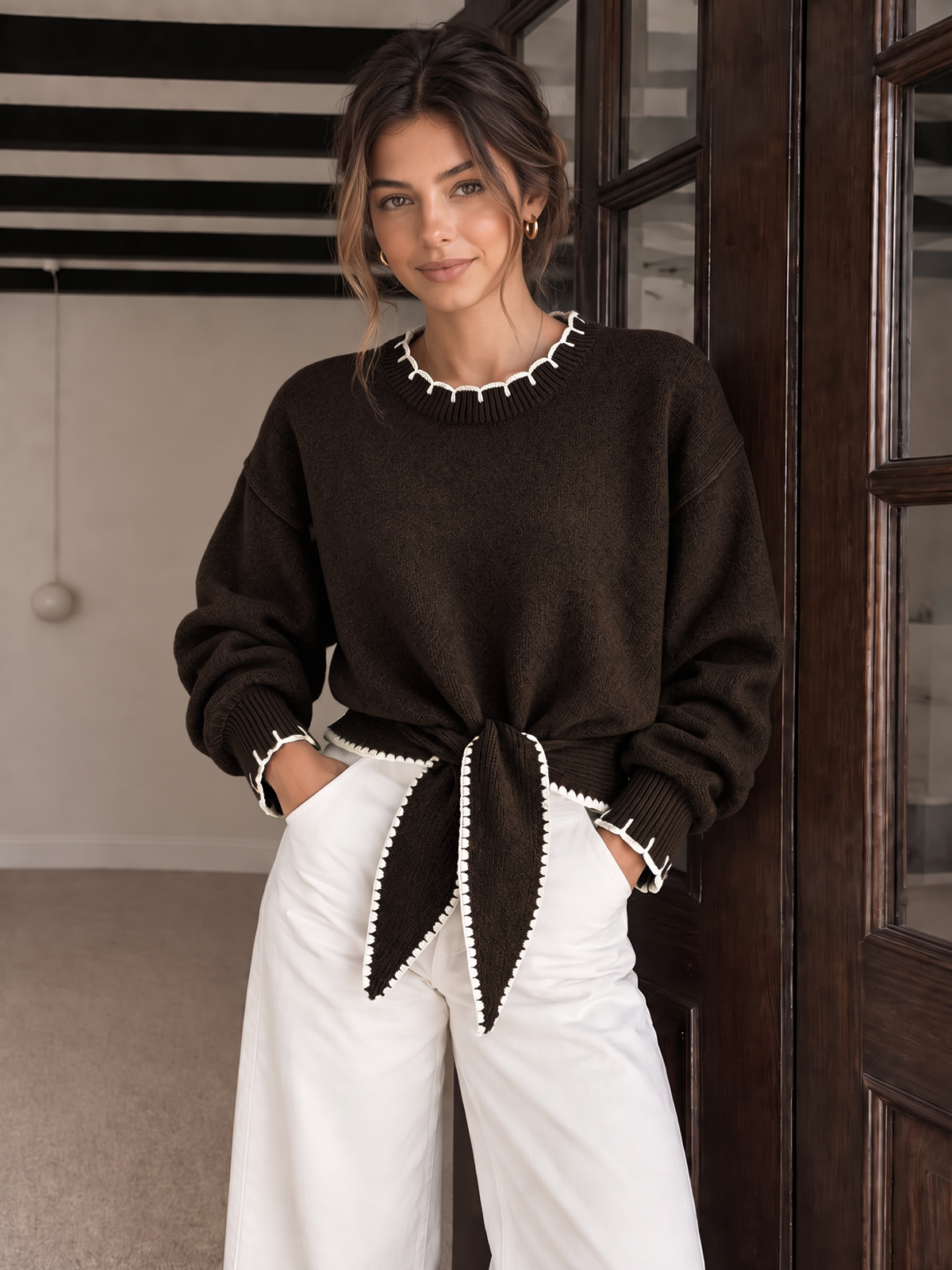 Contrast Trim Tie-Front Cropped Knit Sweater