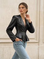 Peplum Faux Leather V Neck Jacket