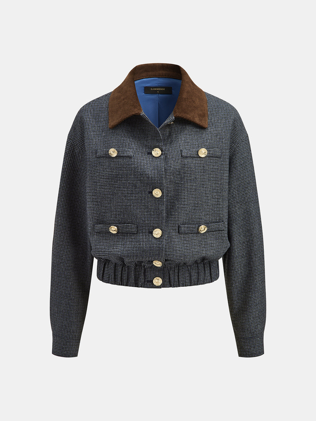 Corduroy Collar Houndstooth Wool Blend Jacket