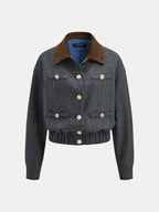 Corduroy Collar Houndstooth Wool Blend Jacket