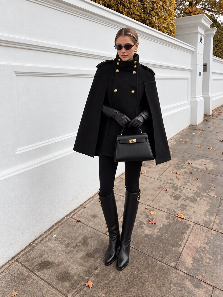 Double Breasted Wool Blend Cape Coat