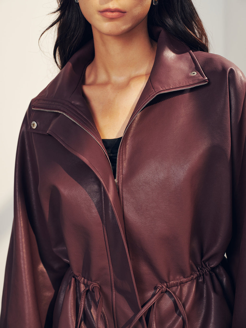 Drawstring Waist Faux Leather Jacket