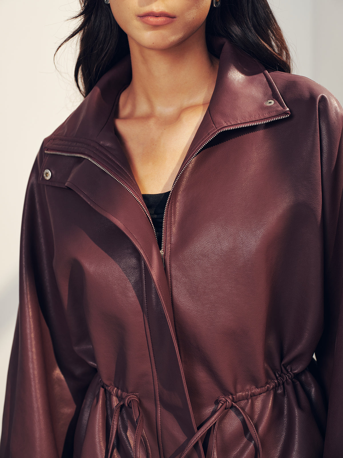 Drawstring Waist Faux Leather Jacket